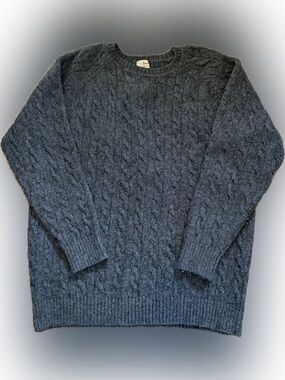 VTG L.L. Bean 100% Shetland Wool Fisherman Cable Crewneck Sweater Grey XXL-Tall